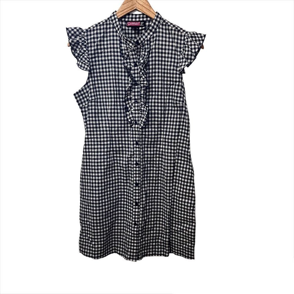 90’s Say What? Junior’s Dark Blue & White Gingham Ruffle Front Dress Large